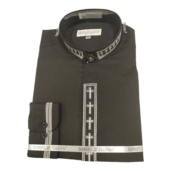 MEN'S DANIEL ELLISSA BLK W/WHITE EMBROIDERY BANDED COLLAR DRESS SHIRT. DS2005C. - Picture 1 of 3